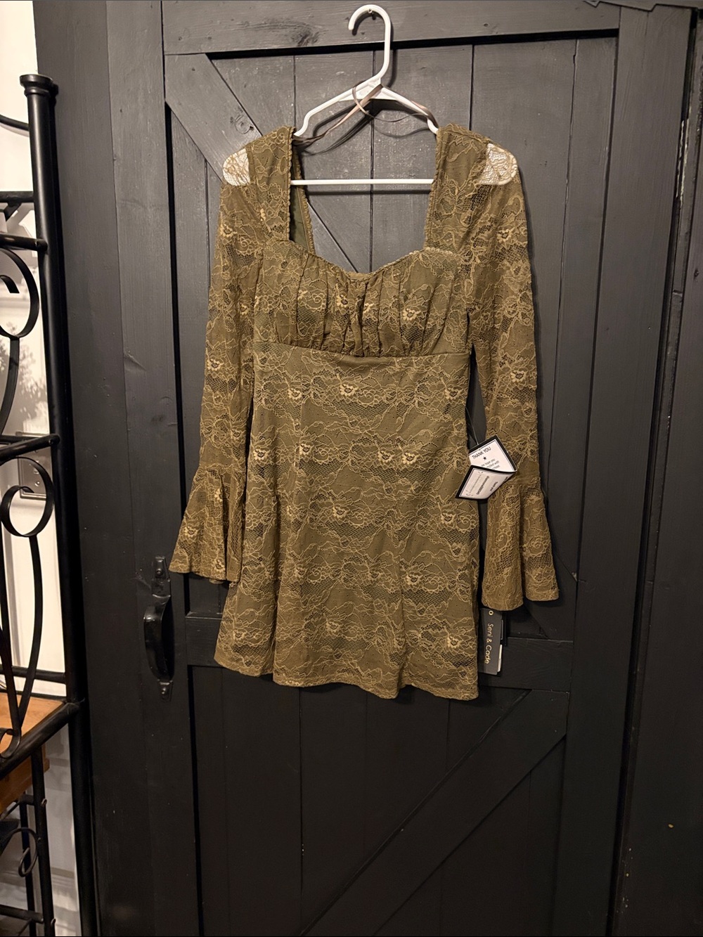Olive Lace Square-Neck Long Sleeve Mini Dress by